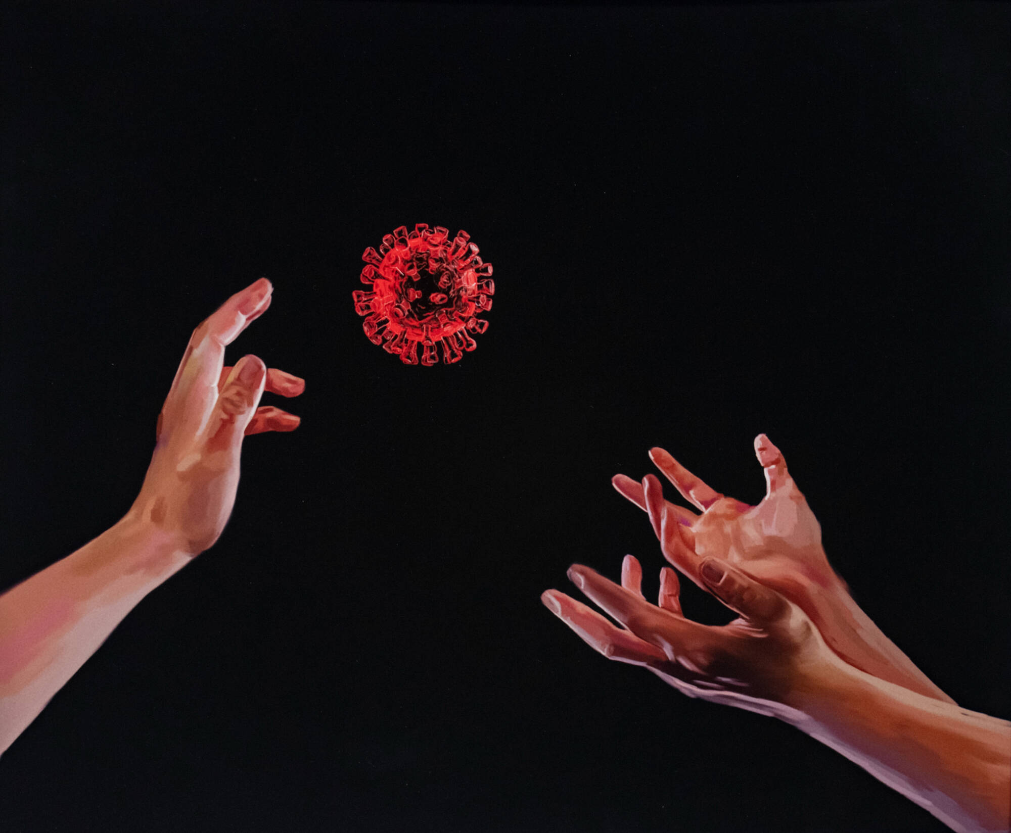 Digital print of hands reaching out towards a floating red germ against a black background.